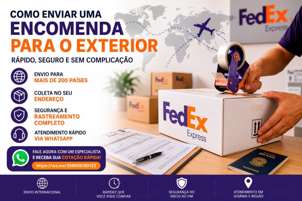 Envio de encomenda internacional sendo preparado para envio pela FedEx Goiânia