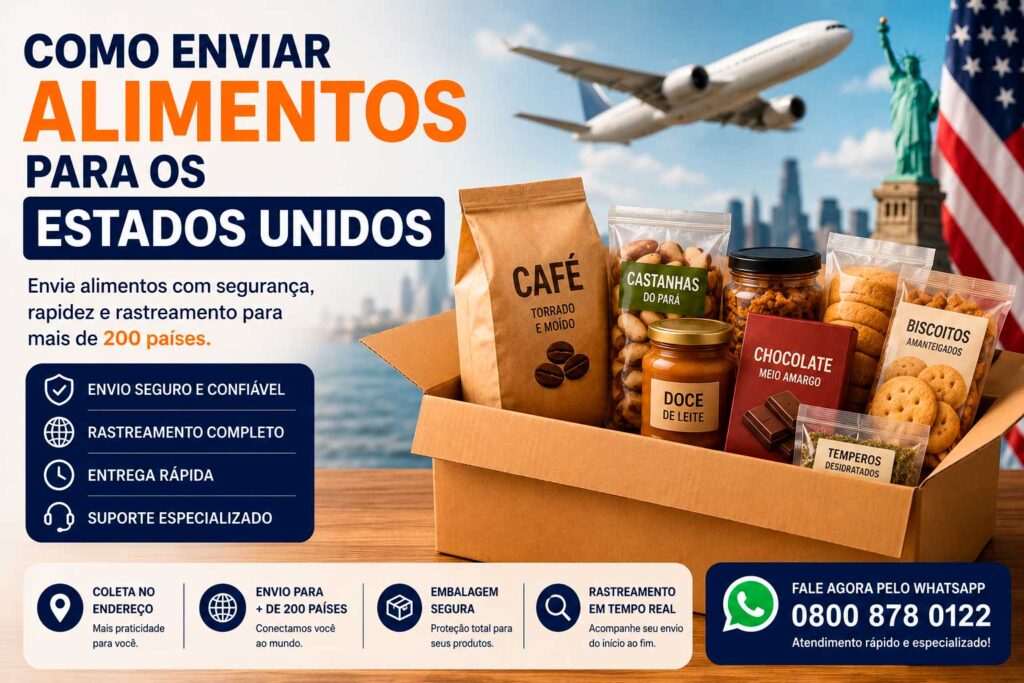 Caixa de alimentos sendo preparada para envio internacional aos Estados Unidos pela FedEx Goiânia